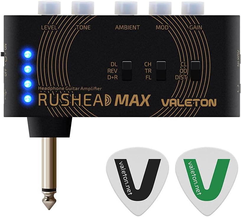 VALETON Guitar Headphone Amplifier Multi Effects Pocket Rechargeable Mini Practice Amplifier Rushead Max (Include 2 Additional Guitar Picks)